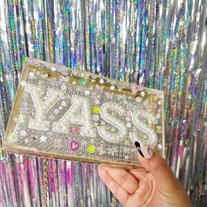 Handmade Rhinestone Bling Clear Acrylic Square Purse, Concert, Pride